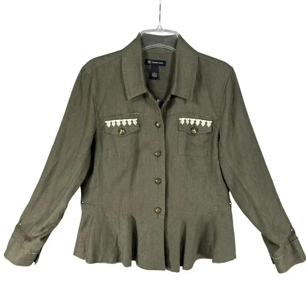 INC International Concepts Womens L Green Linen Embroidered Jacket Peplum Hem